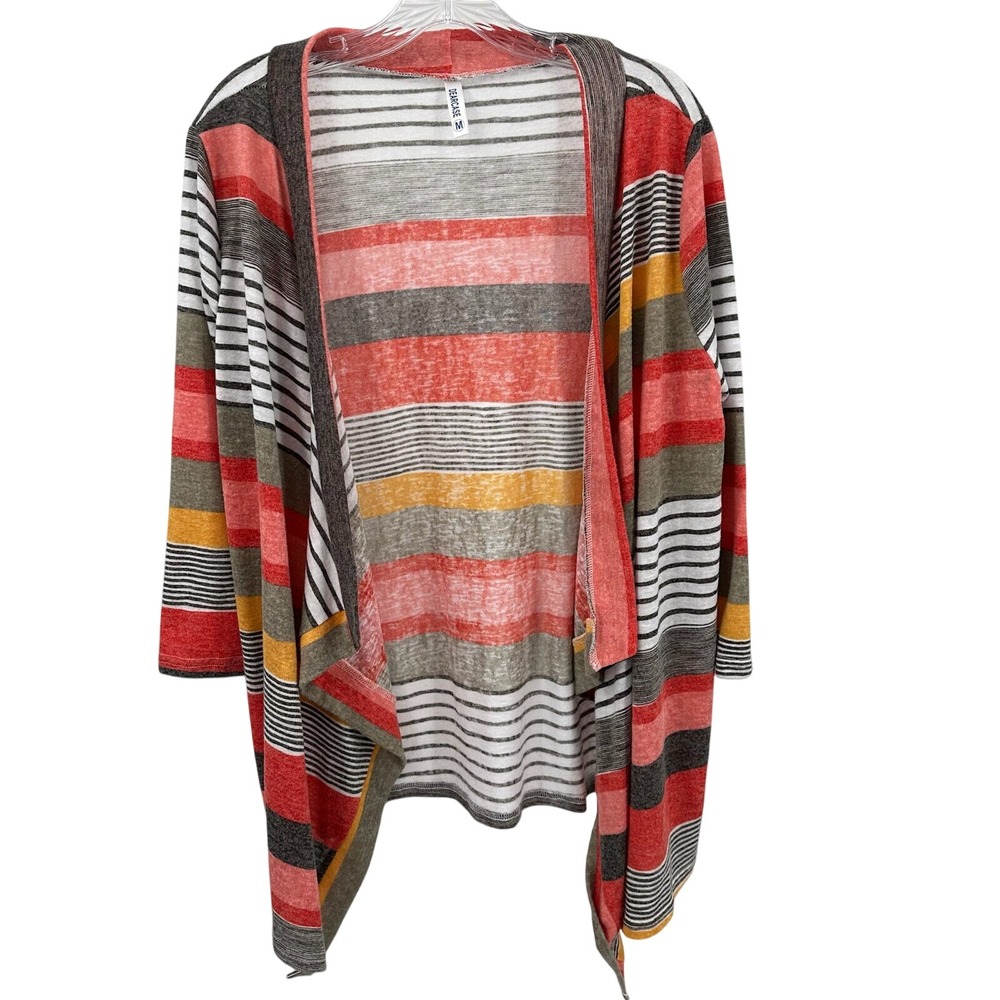 Dearcase Women Sz M Cardigan 3/4 Sleeve Open Waterfall Front Striped Colorful